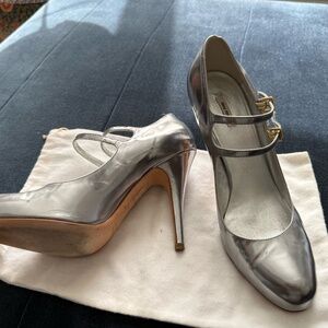 Miu Miu Silver patent leather, double strap, 4" heel pumps, size 8 1/2.